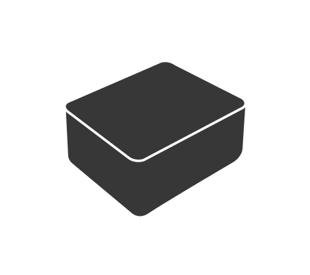 Una caja rectangular simple y oscura con bordes redondeados, que presenta una parte superior plana y una base ligeramente elevada.