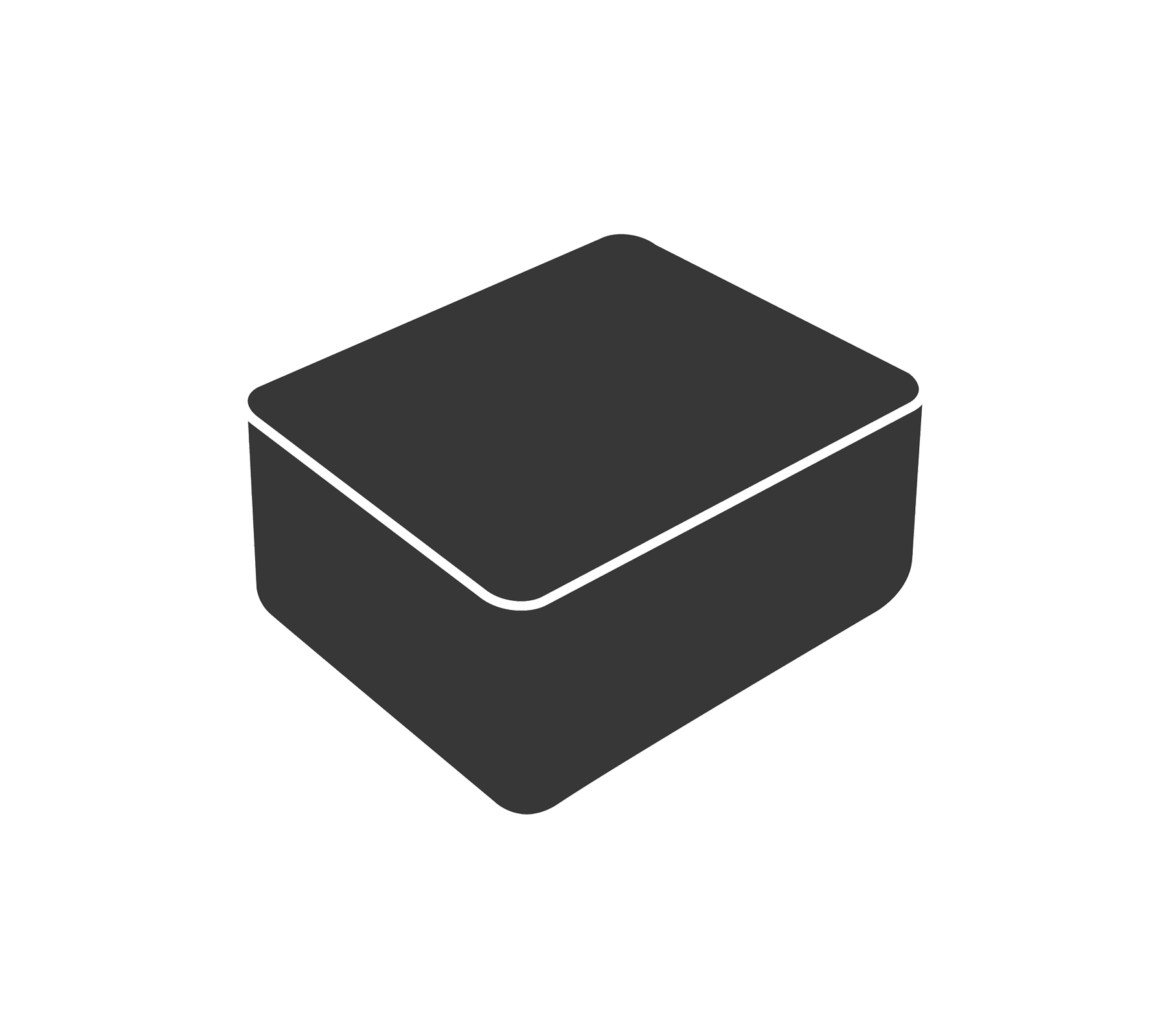 Una caja rectangular simple y oscura con bordes redondeados, que presenta una parte superior plana y una base ligeramente elevada.