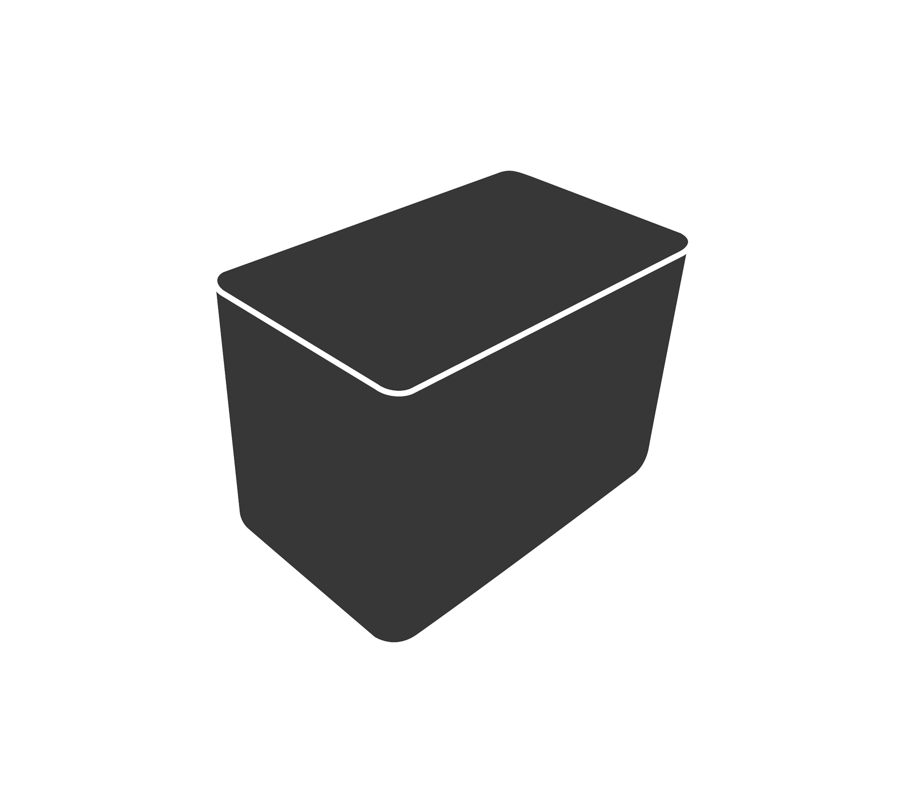 Un contenedor rectangular oscuro con una superficie lisa y lados ligeramente inclinados, que tiene una tapa plana en la parte superior.