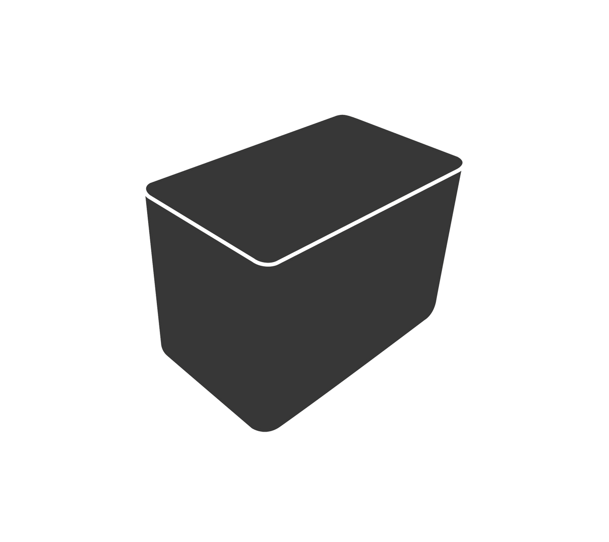 Un contenedor rectangular oscuro con una superficie lisa y lados ligeramente inclinados, que tiene una tapa plana en la parte superior.