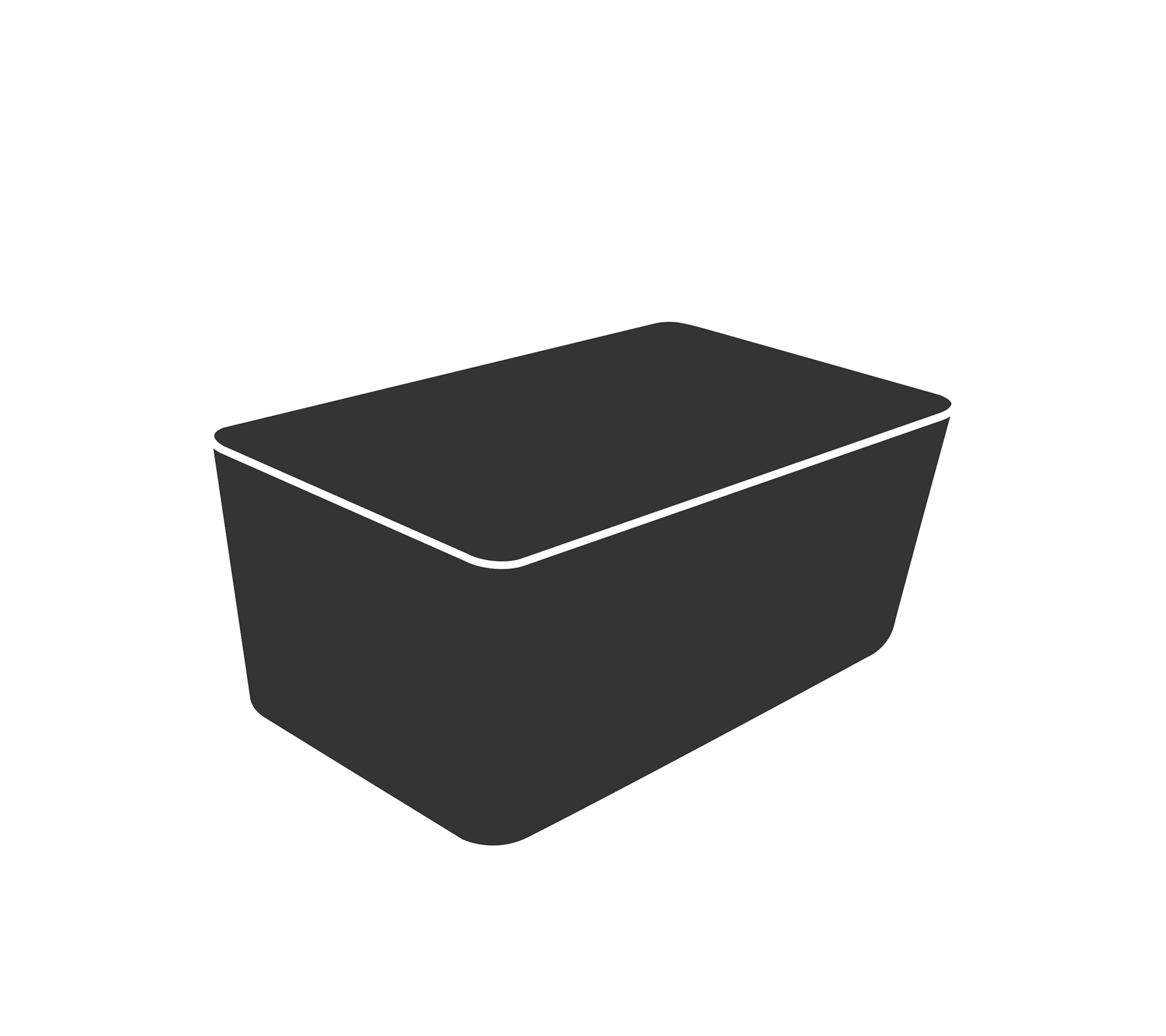 Un simple contenedor rectangular negro con una tapa plana, adecuado para almacenamiento u organización.
