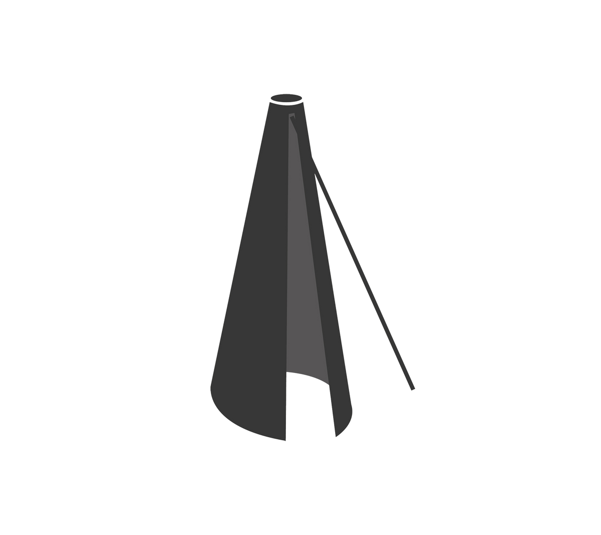 Objeto estilizado en forma de cono con una parte superior cónica y una abertura lateral, sostenido por una varilla delgada.