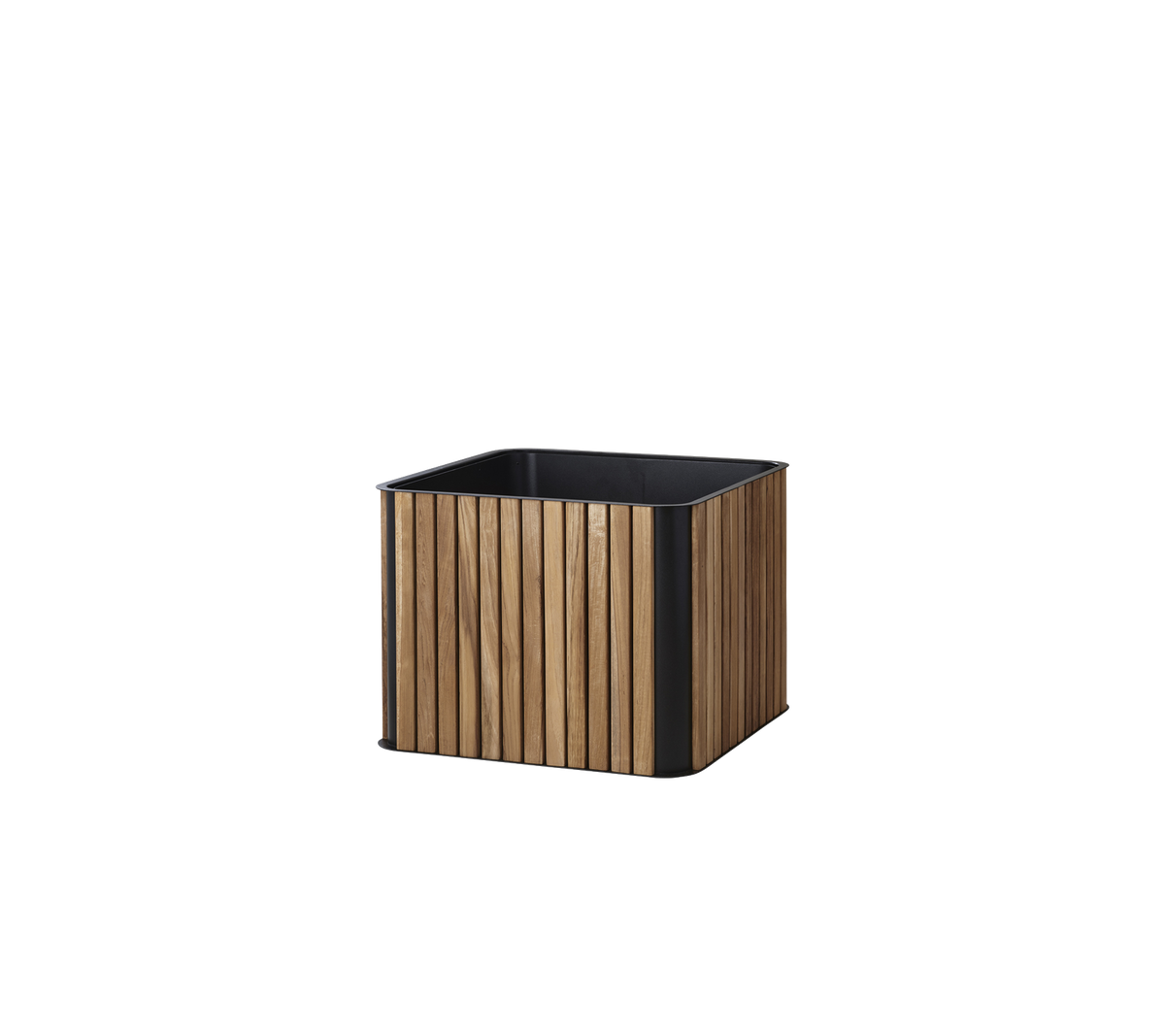 Macetero cuadrado con un diseño de lamas de madera y una base negra, ideal para exhibir plantas y realzar cualquier espacio.