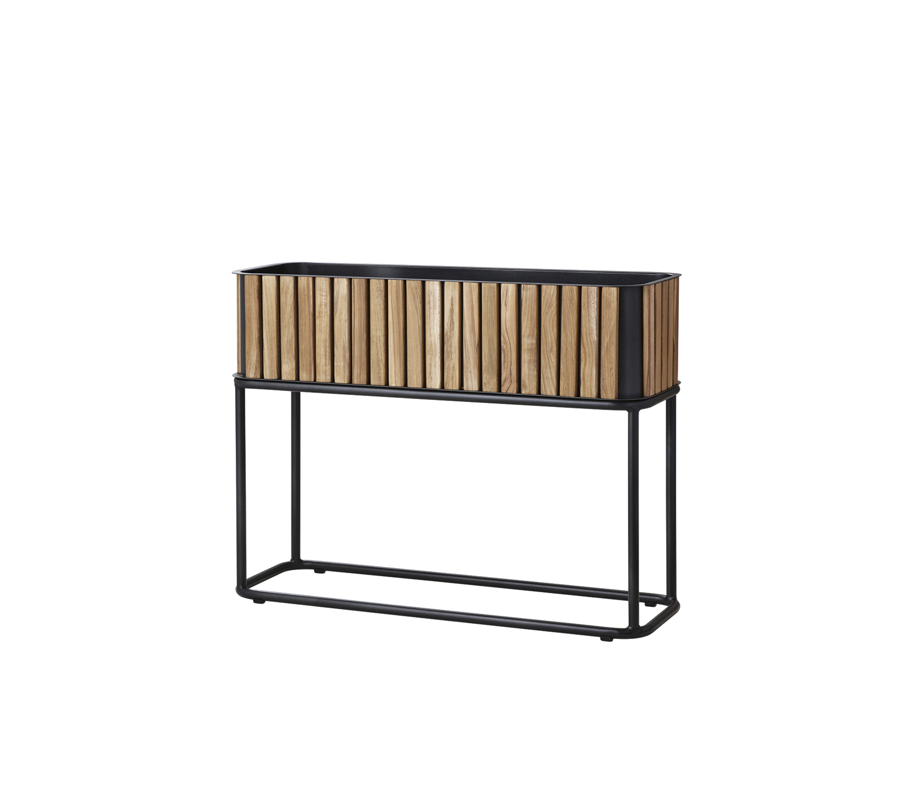 Caja de madera con un diseño de listones, soportada por un marco de metal elegante, adecuada para exhibir plantas o flores.