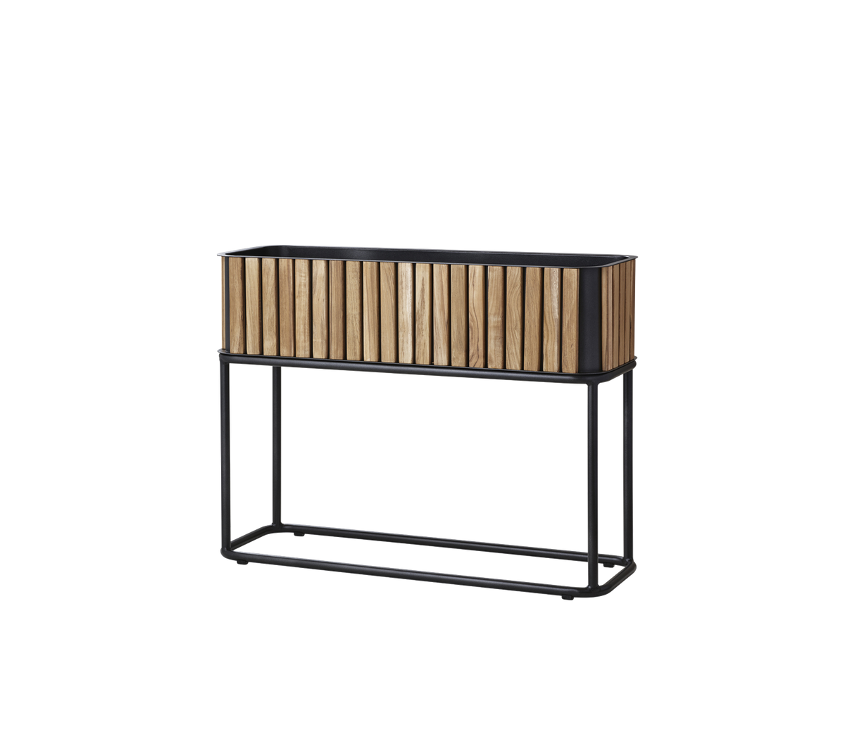 Caja de madera con un diseño de listones, soportada por un marco de metal elegante, adecuada para exhibir plantas o flores.
