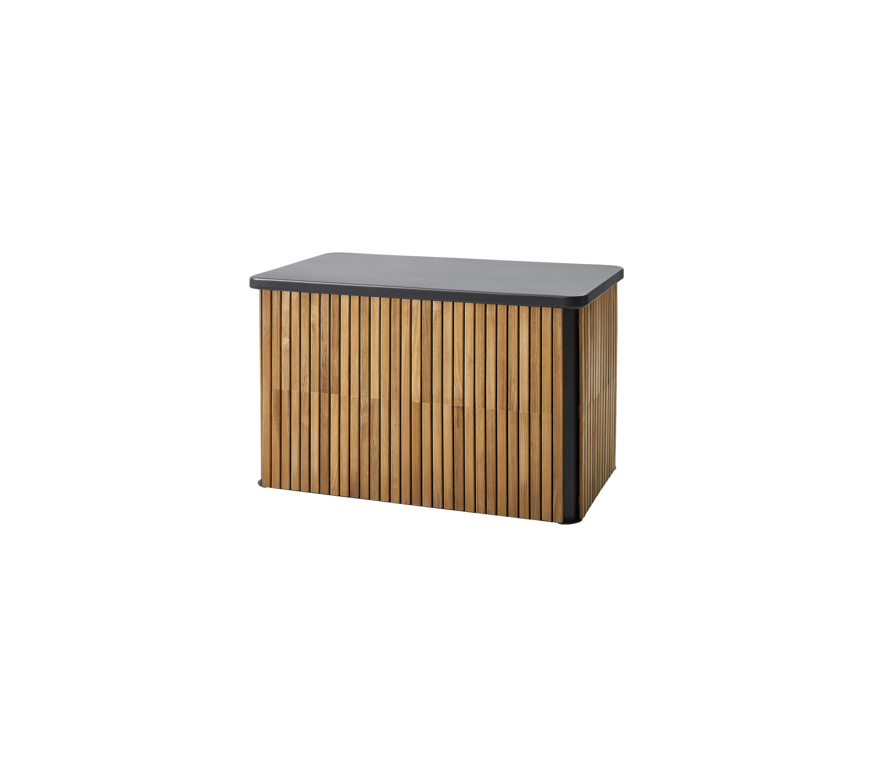 Caja de almacenamiento de madera con un diseño de listones y una superficie superior oscura y suave, ideal para la organización y el estilo.