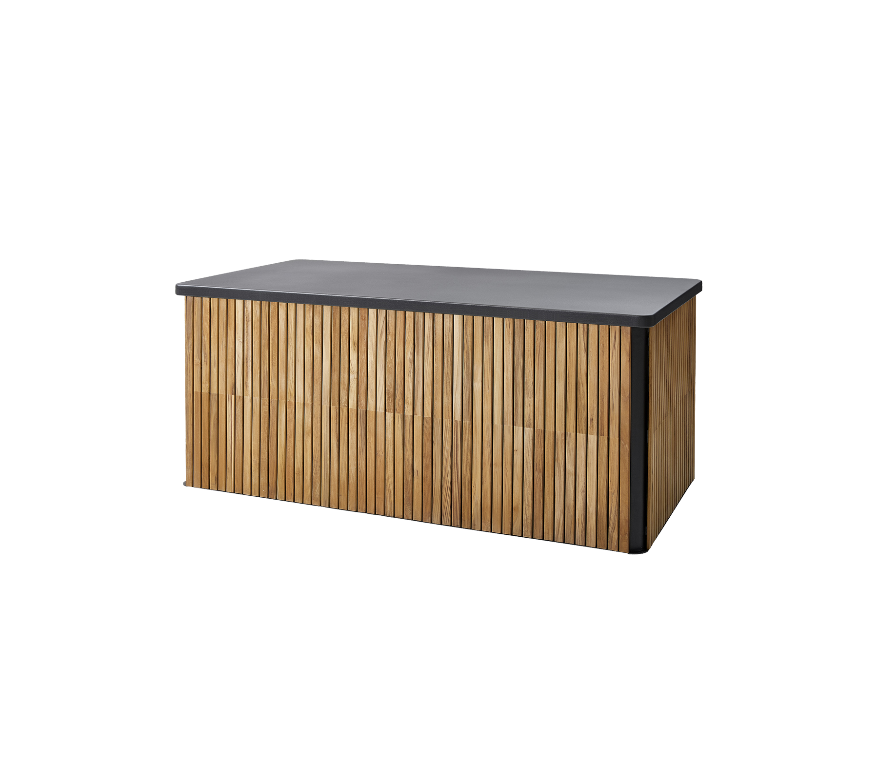Banco de almacenamiento elegante con una parte superior oscura y un diseño de madera con listones verticales para una estética moderna. Ideal para un uso versátil.