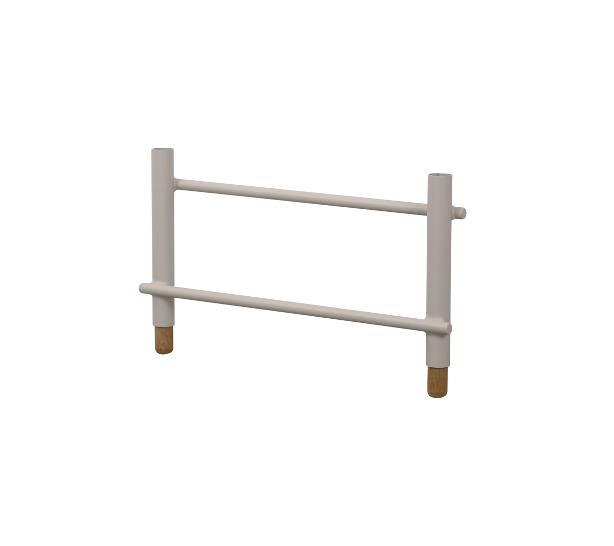 Marco de soporte blanco con dos barras horizontales y cuatro patas cilíndricas, diseñado para la estabilidad y la accesibilidad.