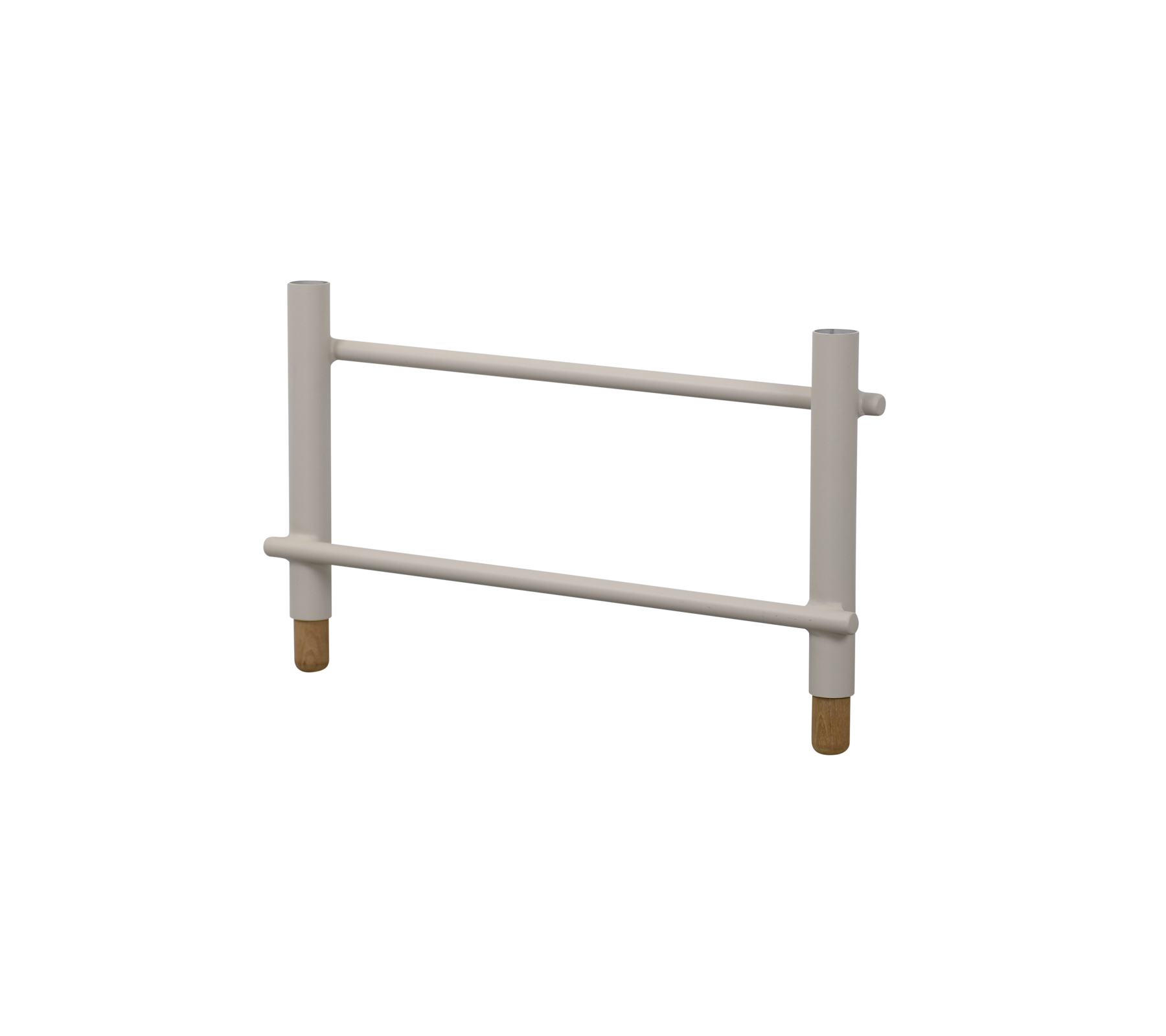 Marco de soporte blanco con dos barras horizontales y cuatro patas cilíndricas, diseñado para la estabilidad y la accesibilidad.