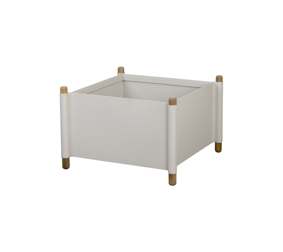 Caja de almacenamiento cuadrada blanca con patas de madera y esquinas redondeadas, adecuada para organizar varios artículos.