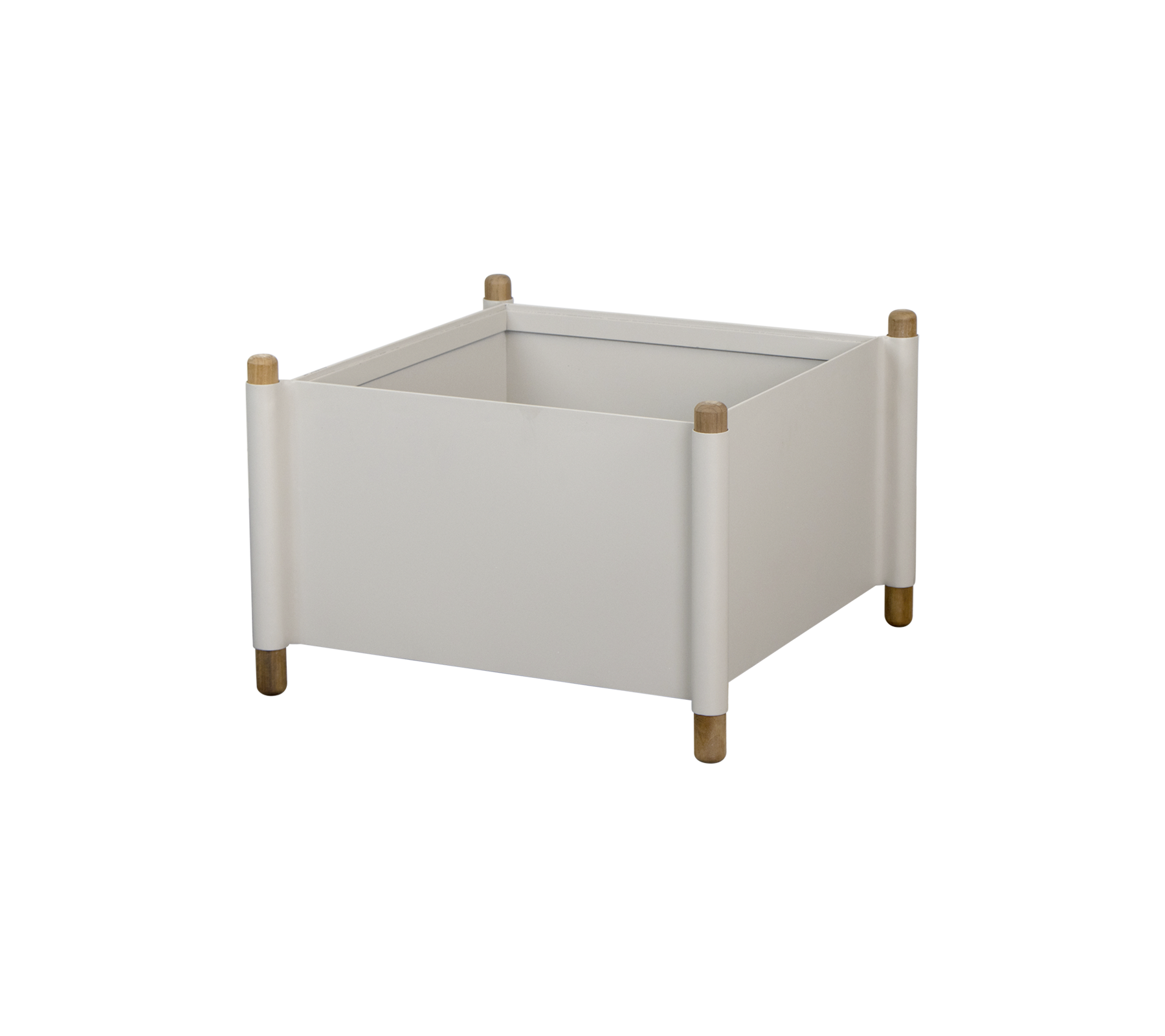 Caja de almacenamiento cuadrada blanca con patas de madera y esquinas redondeadas, adecuada para organizar varios artículos.