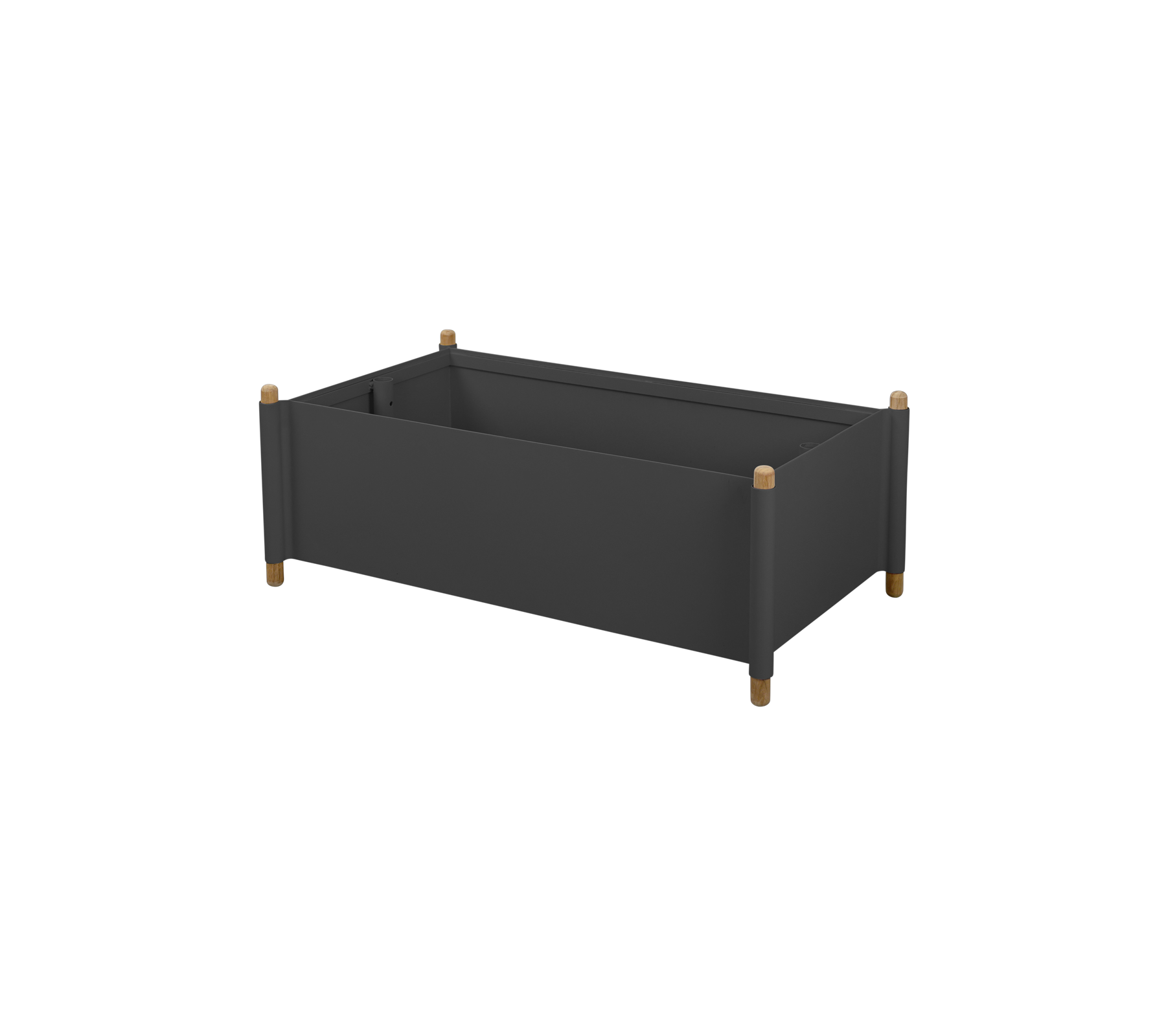 Elegante caja de cultivo elevada en color oscuro con patas de madera, perfecta para exhibir plantas y realzar cualquier jardín o espacio de vida.