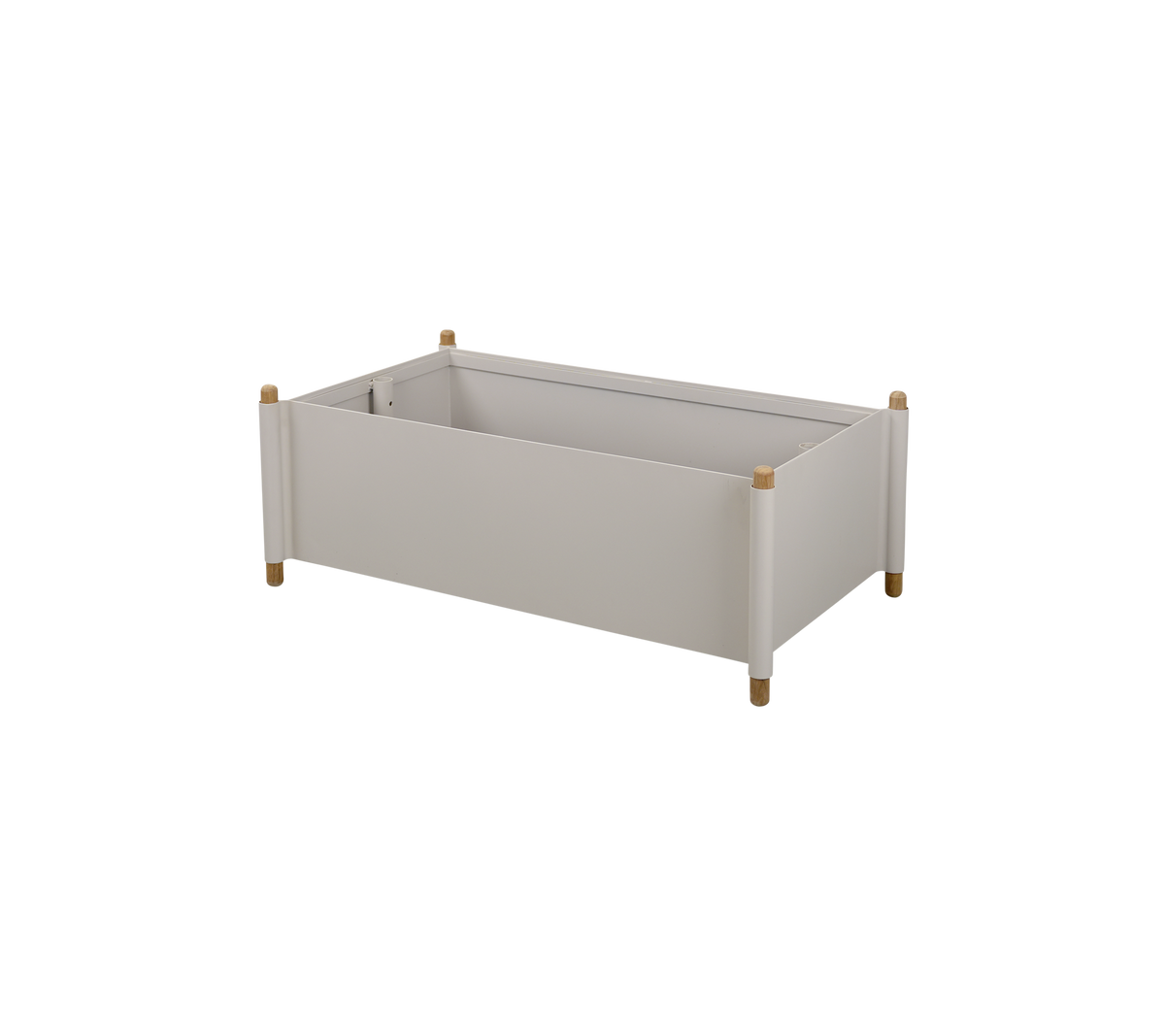 Caja de almacenamiento gris claro con patas de madera y un diseño minimalista, adecuada para organizar varios artículos.