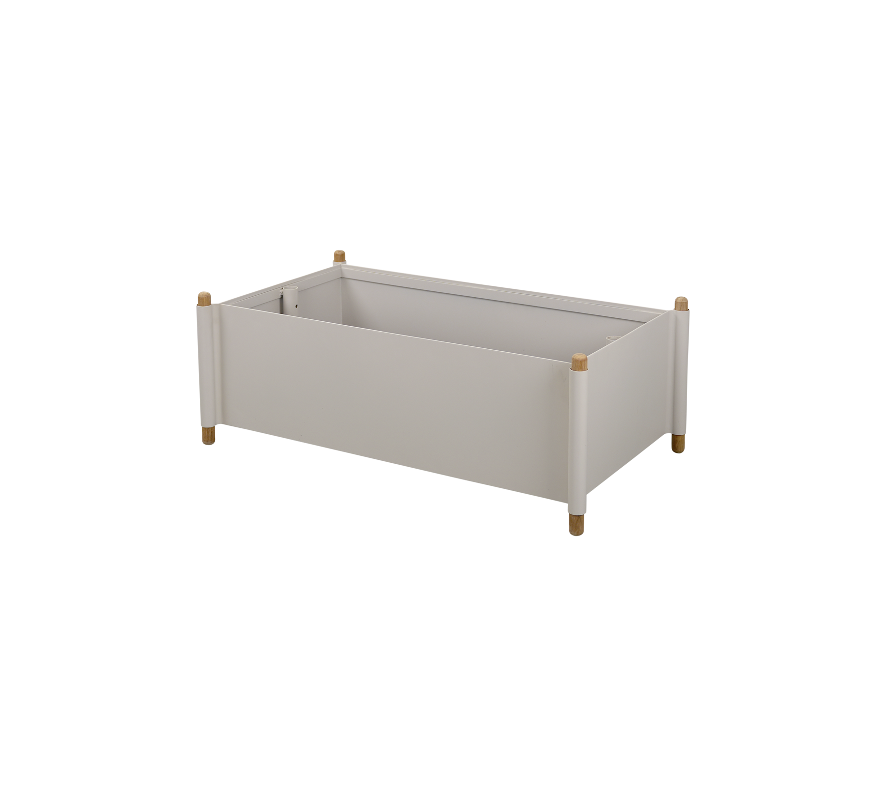 Caja de almacenamiento gris claro con patas de madera y un diseño minimalista, adecuada para organizar varios artículos.
