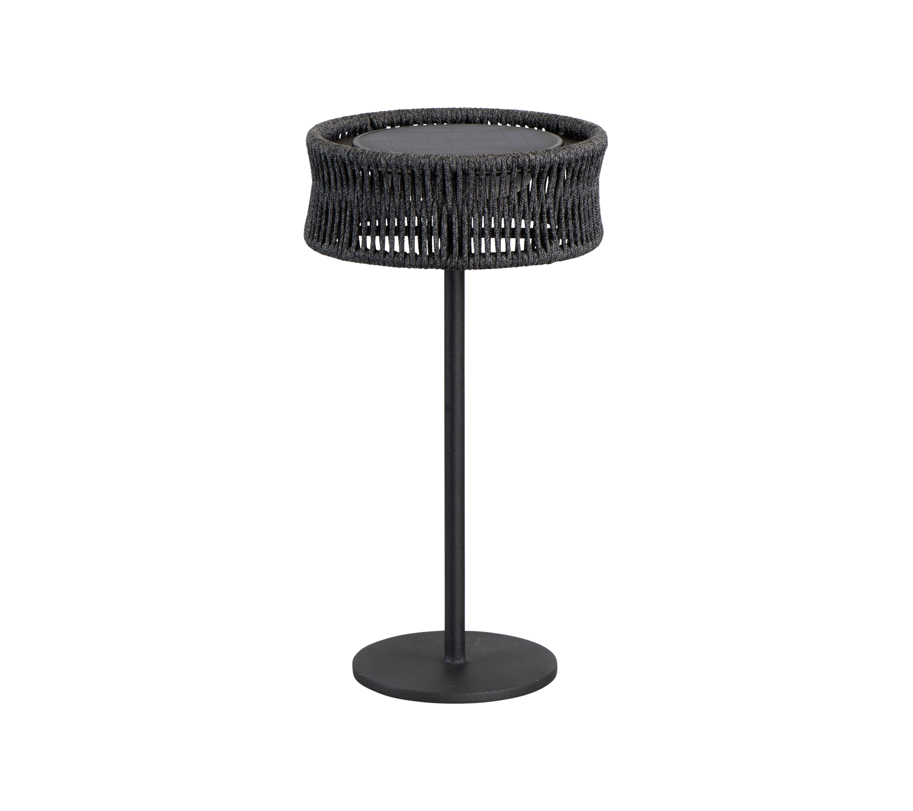 Una mesa elegante y moderna con una superficie redonda y una textura tejida, soportada por una sencilla base de metal negro.