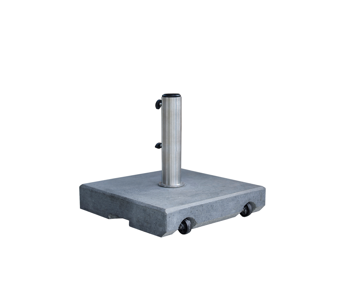 Una base cuadrada y robusta con un poste de acero inoxidable, que cuenta con rodillos para un movimiento fácil, diseñada para la estabilidad y el soporte.