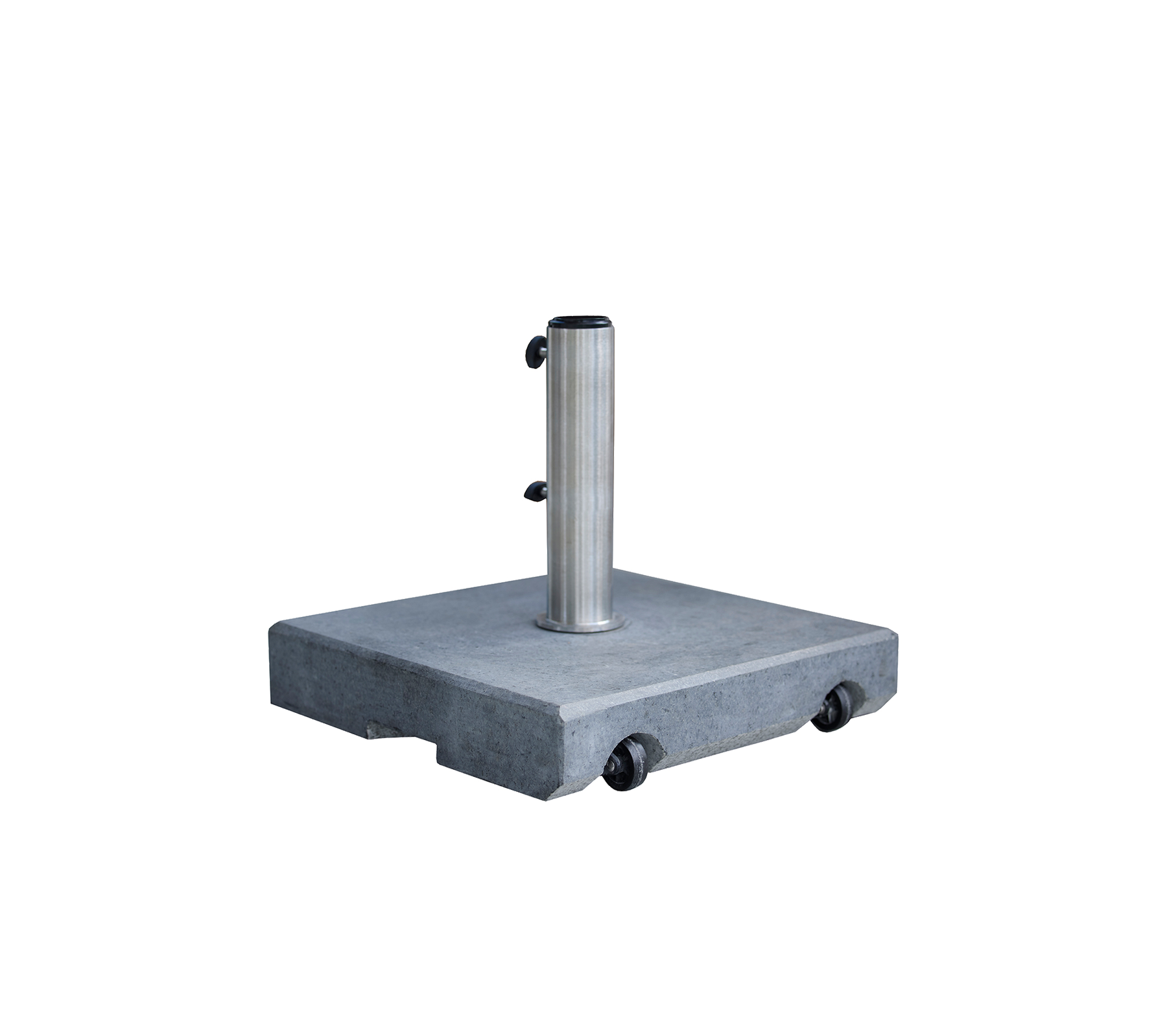 Una base cuadrada y robusta con un poste de acero inoxidable, que cuenta con rodillos para un movimiento fácil, diseñada para la estabilidad y el soporte.