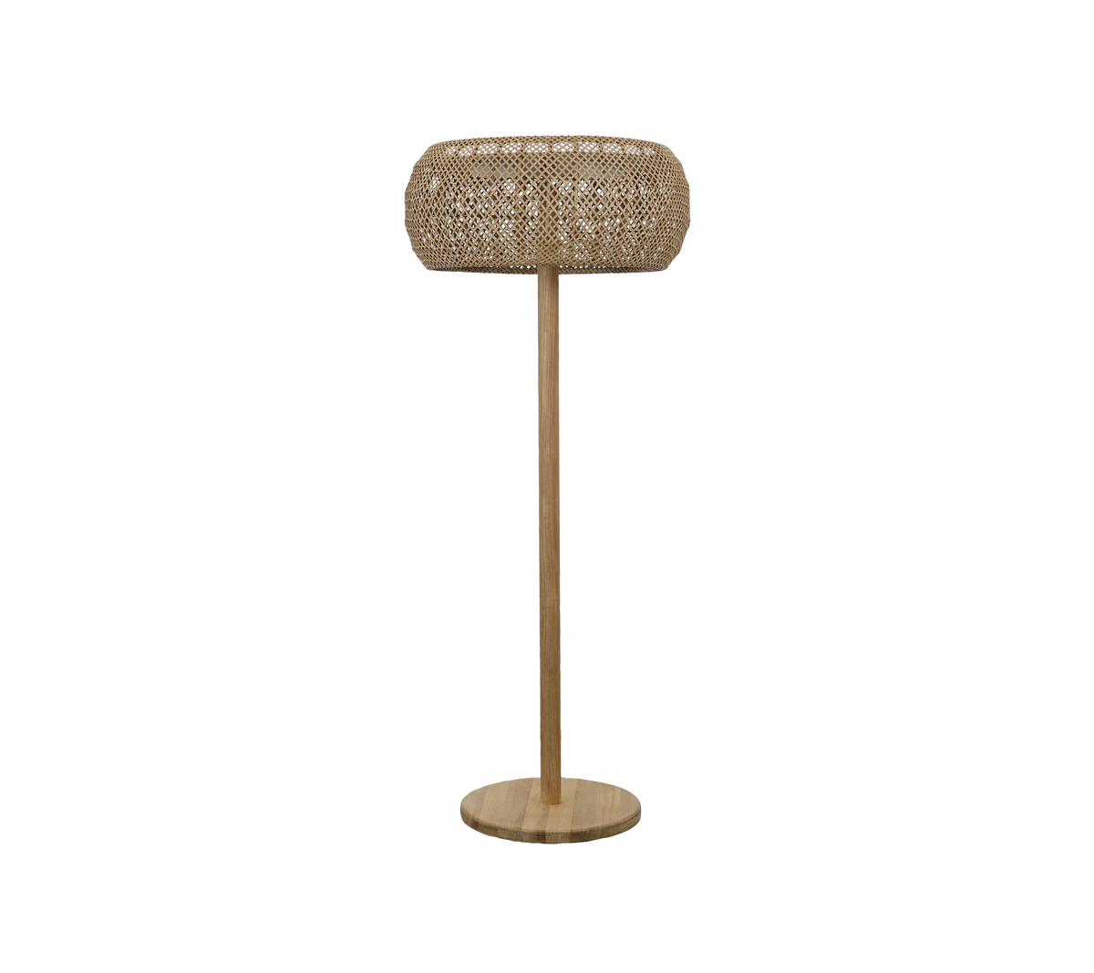 Lámpara natural con una pantalla tejida y una base simple.
