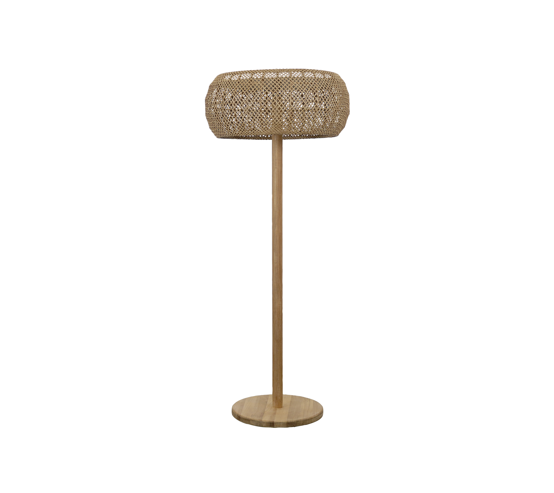 Lámpara natural con una pantalla redonda y una base de madera.