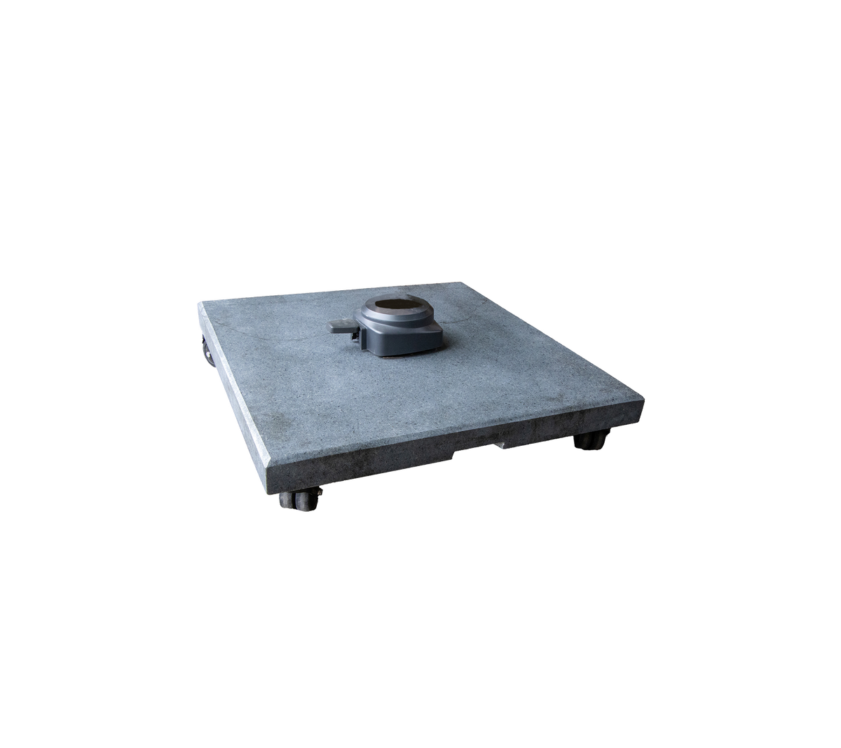 Una base cuadrada de concreto con un punto de sujeción central y pies ajustables, diseñada para la estabilidad y el soporte en diversas aplicaciones.