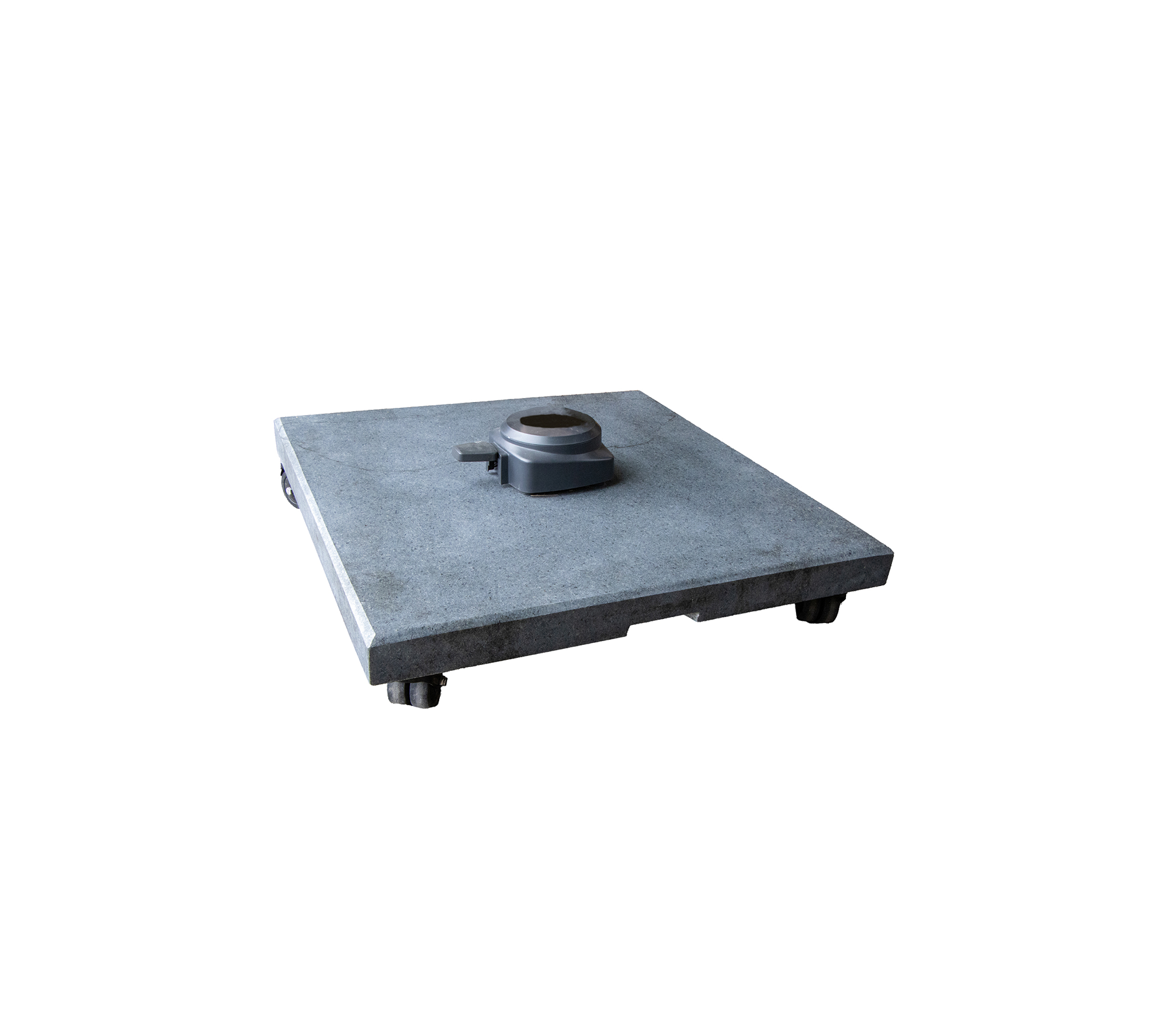 Una base cuadrada de concreto con un punto de sujeción central y pies ajustables, diseñada para la estabilidad y el soporte en diversas aplicaciones.