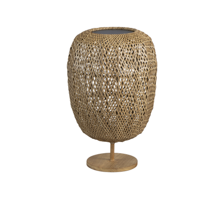 Lámpara de fibra natural tejida con una forma redondeada y una base resistente, que ofrece un toque elegante a cualquier decoración.