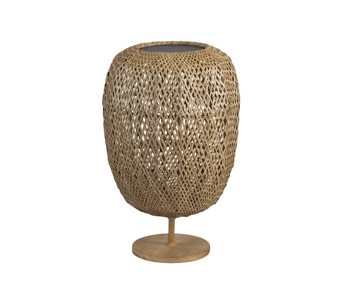 Lámpara de fibra natural tejida con una forma redondeada y una base resistente, que ofrece un toque elegante a cualquier decoración.