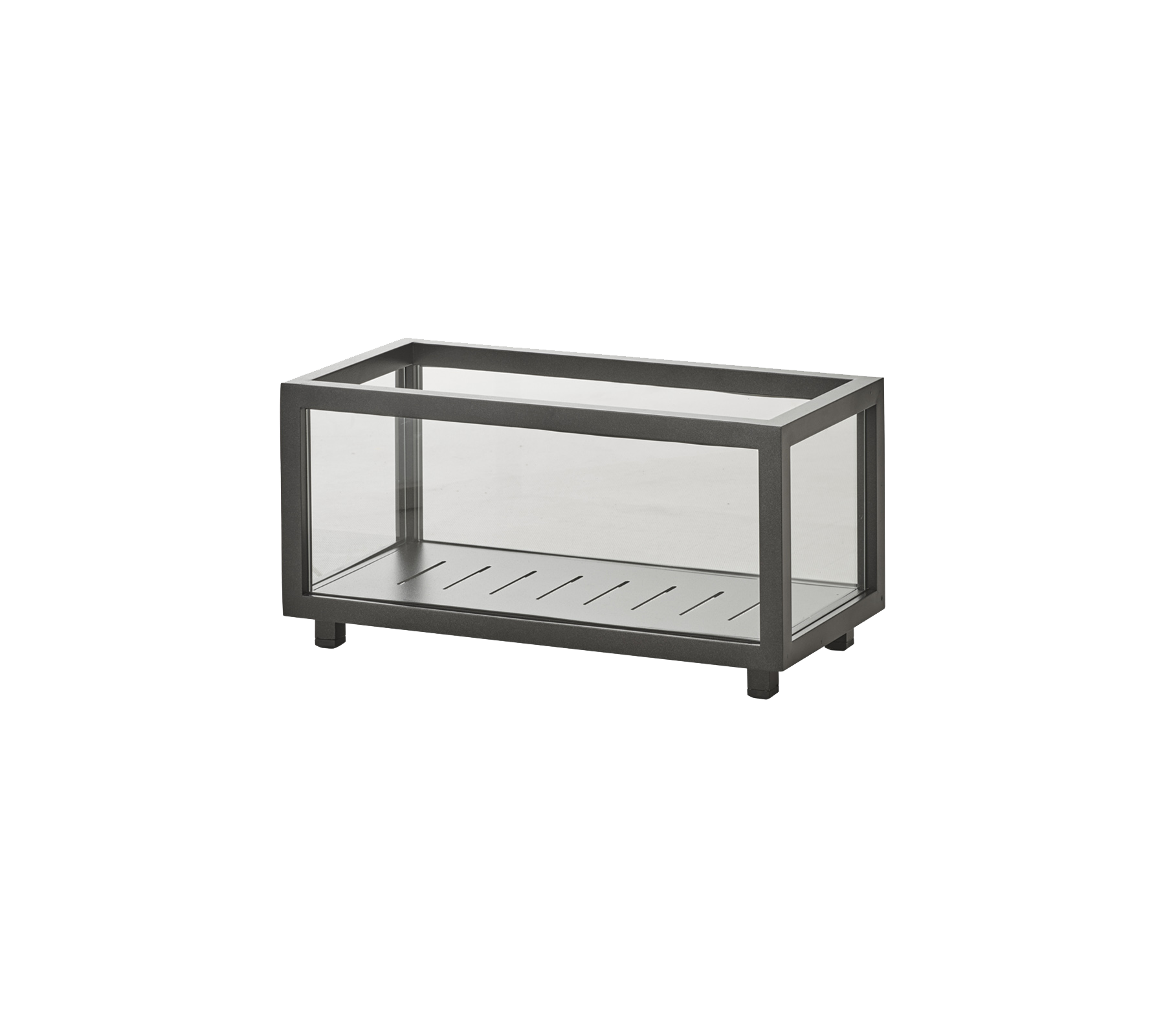 Vitrina de vidrio rectangular con un elegante marco de metal, con una base ranurada para exhibir artículos de manera efectiva.