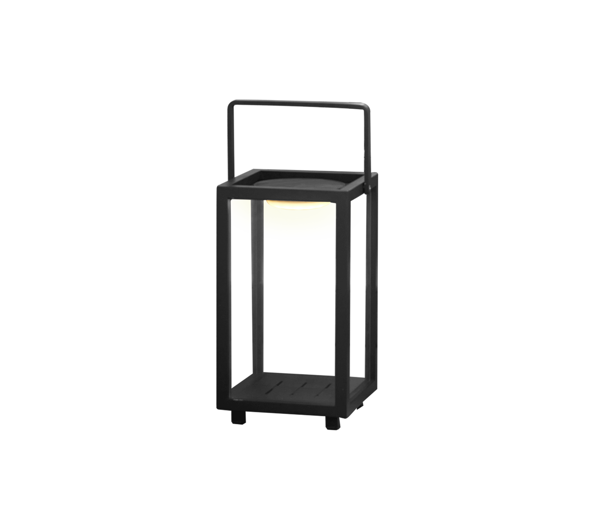 Un diseño moderno de lámpara LED con un marco cuadrado y un asa, con una suave luz brillante en el centro.