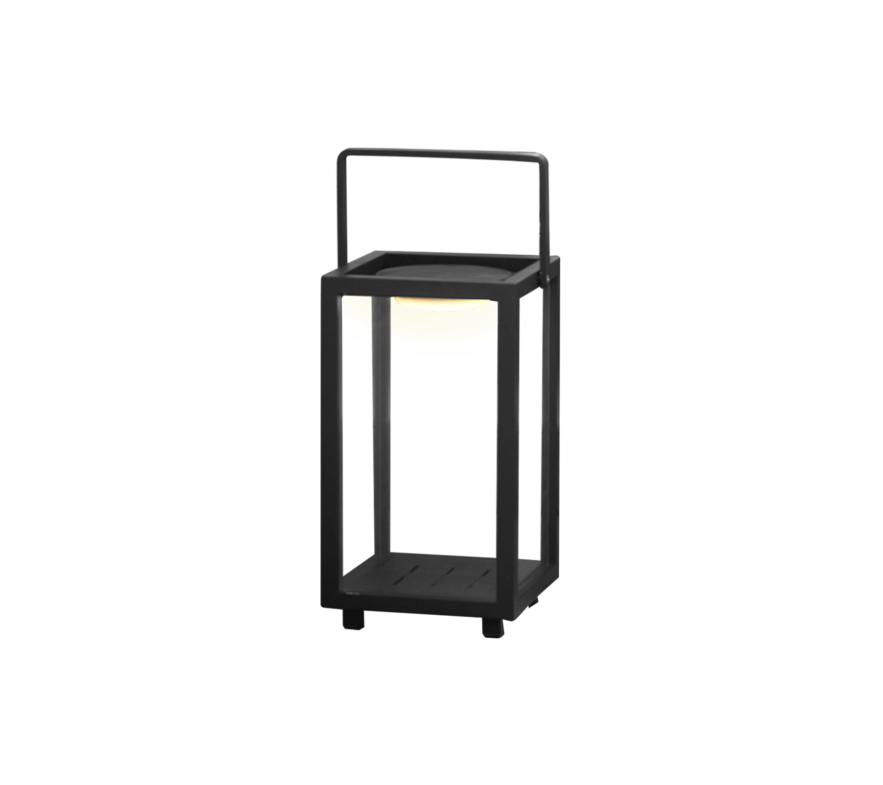 Un diseño moderno de lámpara LED con un marco cuadrado y un asa, con una suave luz brillante en el centro.