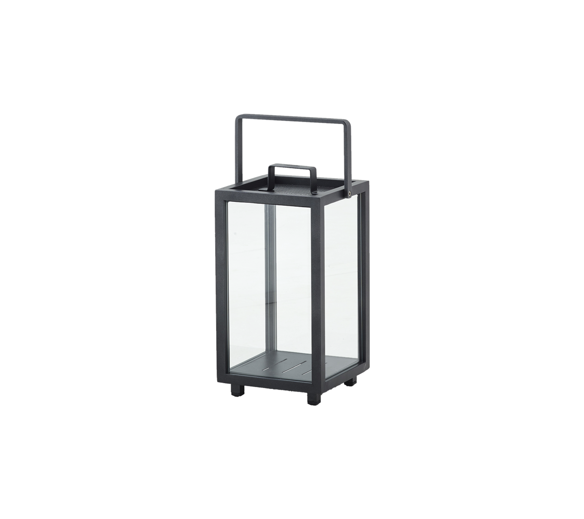 Una linterna elegante con un marco negro elegante y paneles de vidrio transparente, ideal para iluminar espacios con un toque moderno.