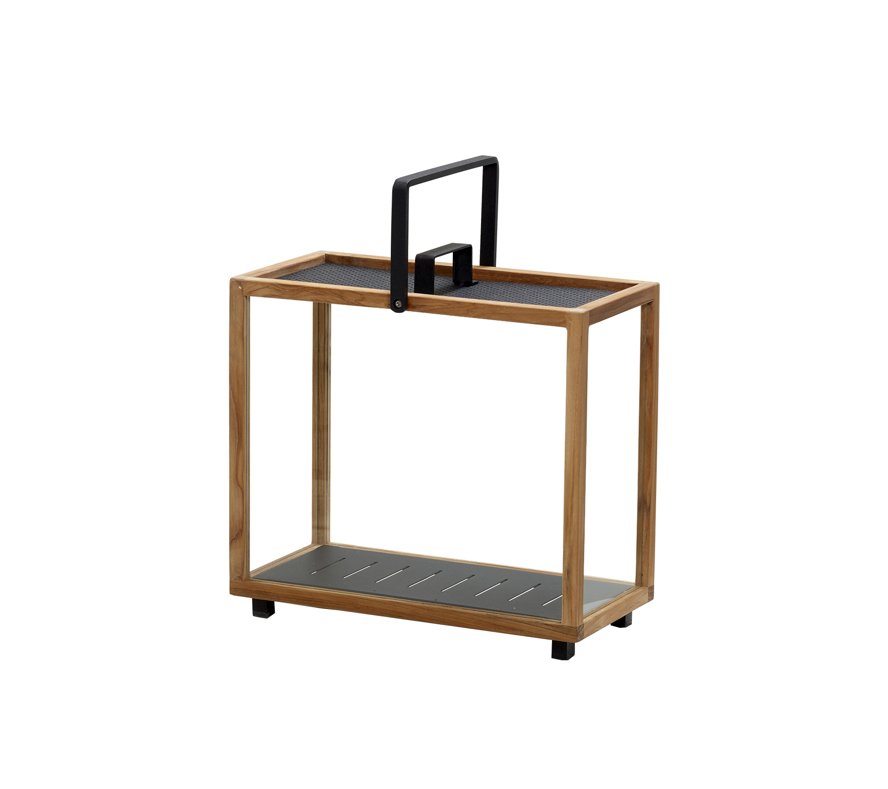 Carrito de servir de madera con un mango negro y dos estantes, diseñado para un transporte fácil y un almacenamiento versátil. Ideal para organizar objetos.