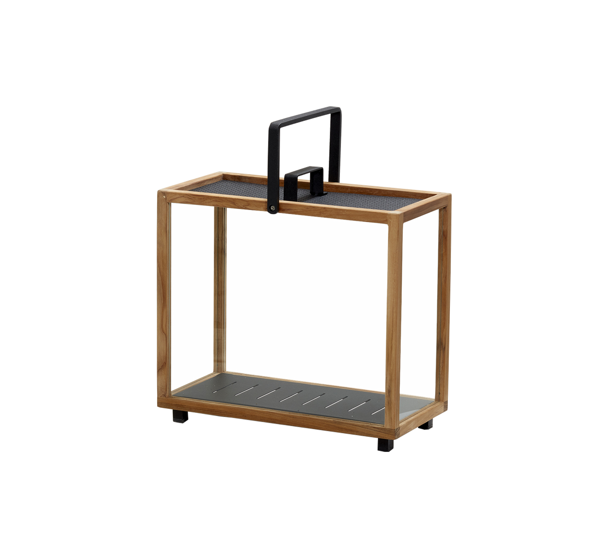 Carrito de servir de madera con un mango negro y dos estantes, diseñado para un transporte fácil y un almacenamiento versátil. Ideal para organizar objetos.