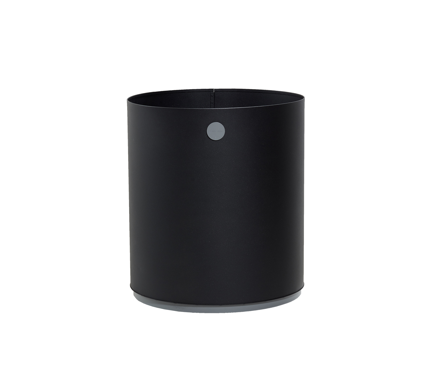 Contenedor cilíndrico negro con un acabado mate suave y un pequeño detalle circular en el lado, ideal para diversas necesidades de almacenamiento.