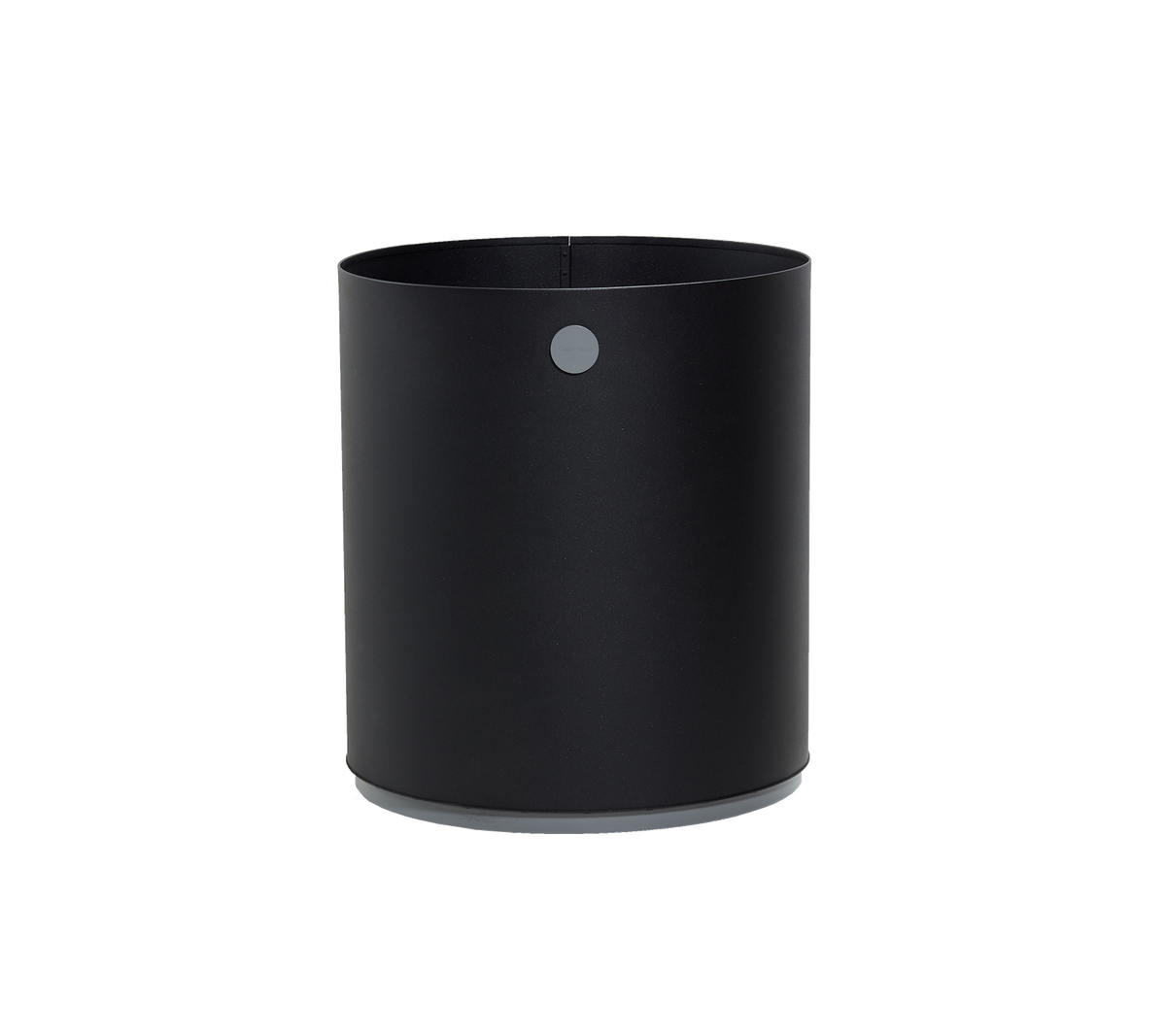 Contenedor cilíndrico negro con un acabado mate suave y un pequeño detalle circular en el lado, ideal para diversas necesidades de almacenamiento.
