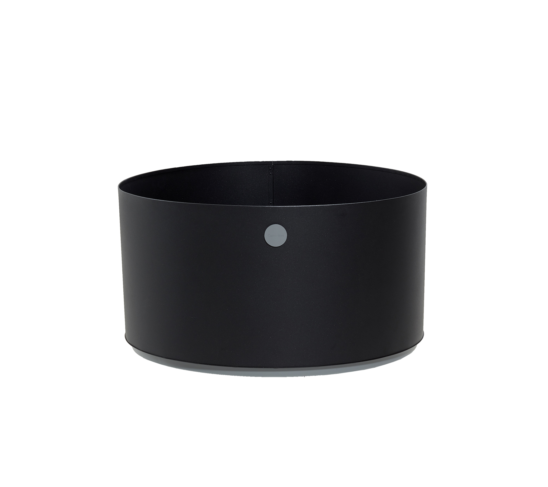 Contenedor negro redondo con un diseño minimalista y un pequeño punto gris como acento. Perfecto para necesidades de almacenamiento y organización versátiles.