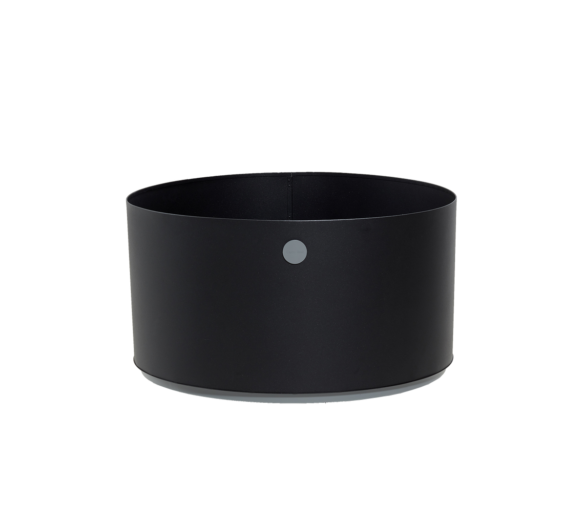 Contenedor negro redondo con un diseño minimalista y un pequeño punto gris como acento. Perfecto para necesidades de almacenamiento y organización versátiles.