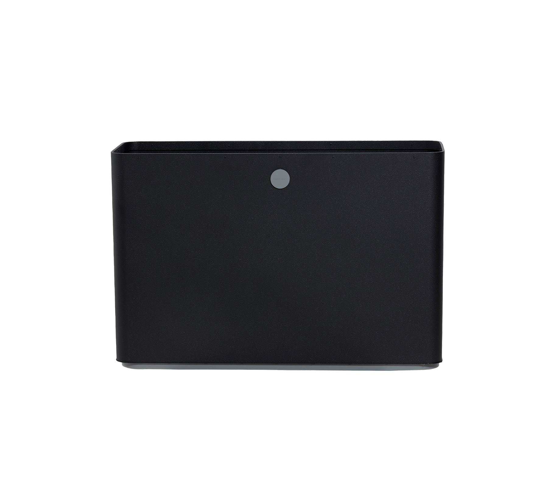 Caja de almacenamiento negra con un diseño elegante y un pequeño botón circular en la parte frontal. Ideal para organizar objetos de manera eficiente.