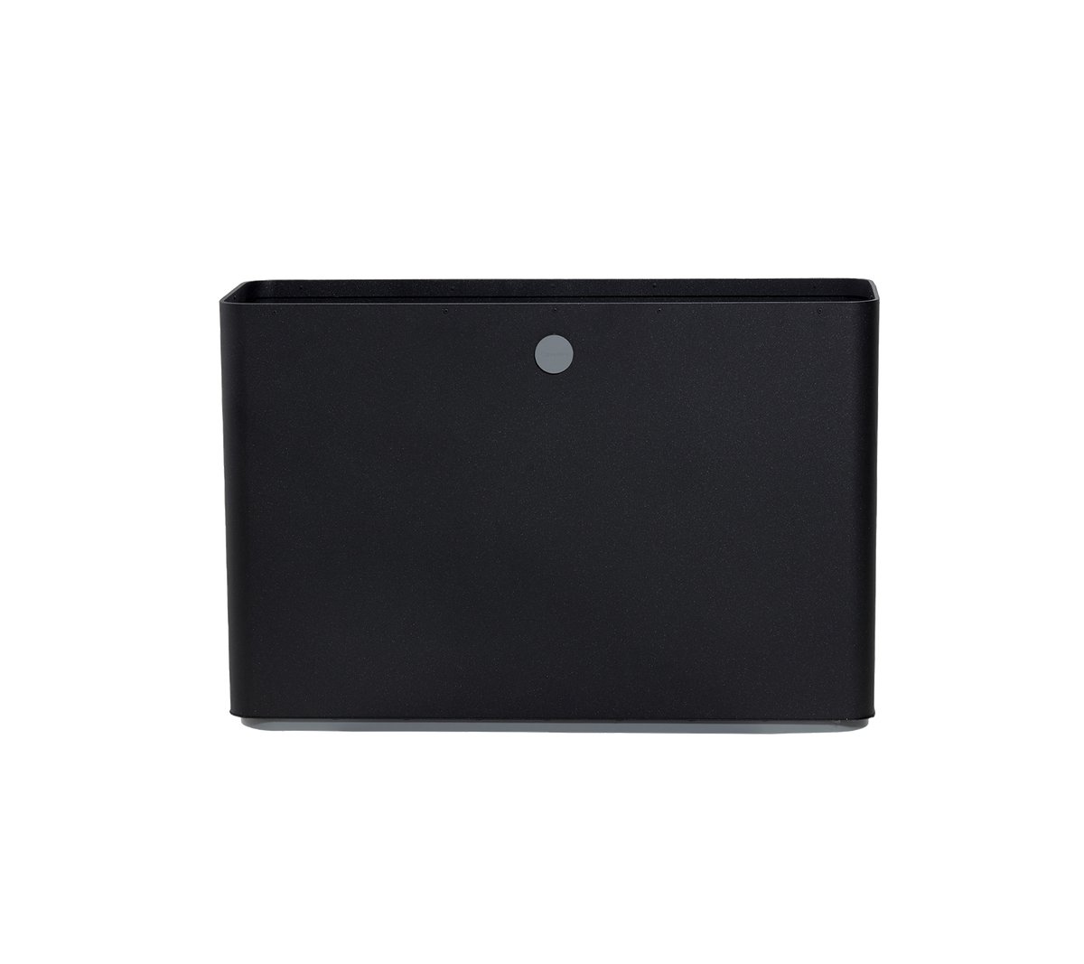 Caja de almacenamiento negra con un diseño elegante y un pequeño botón circular en la parte frontal. Ideal para organizar objetos de manera eficiente.