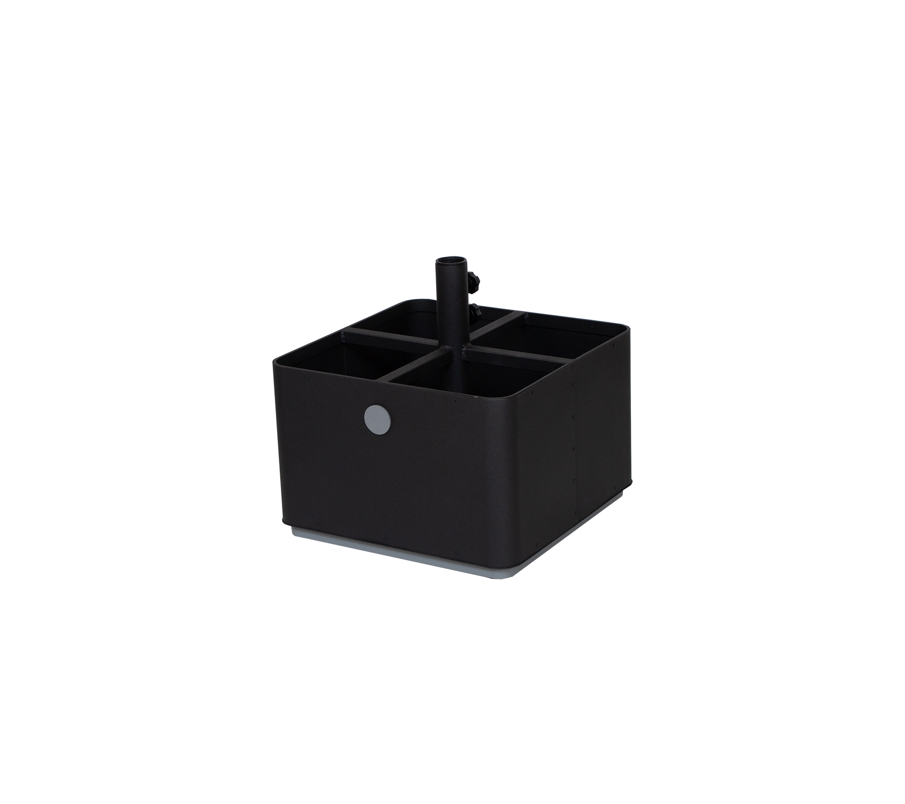 Organizador de almacenamiento negro con múltiples compartimentos y un divisor central para varios artículos de oficina o del hogar.