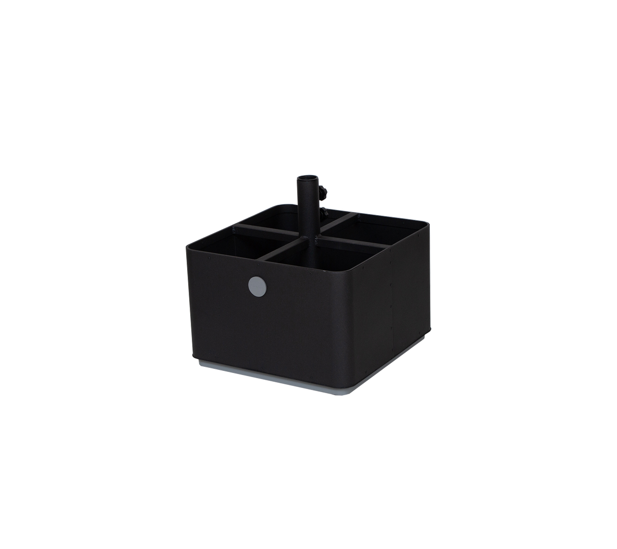 Organizador de almacenamiento negro con múltiples compartimentos y un divisor central para varios artículos de oficina o del hogar.
