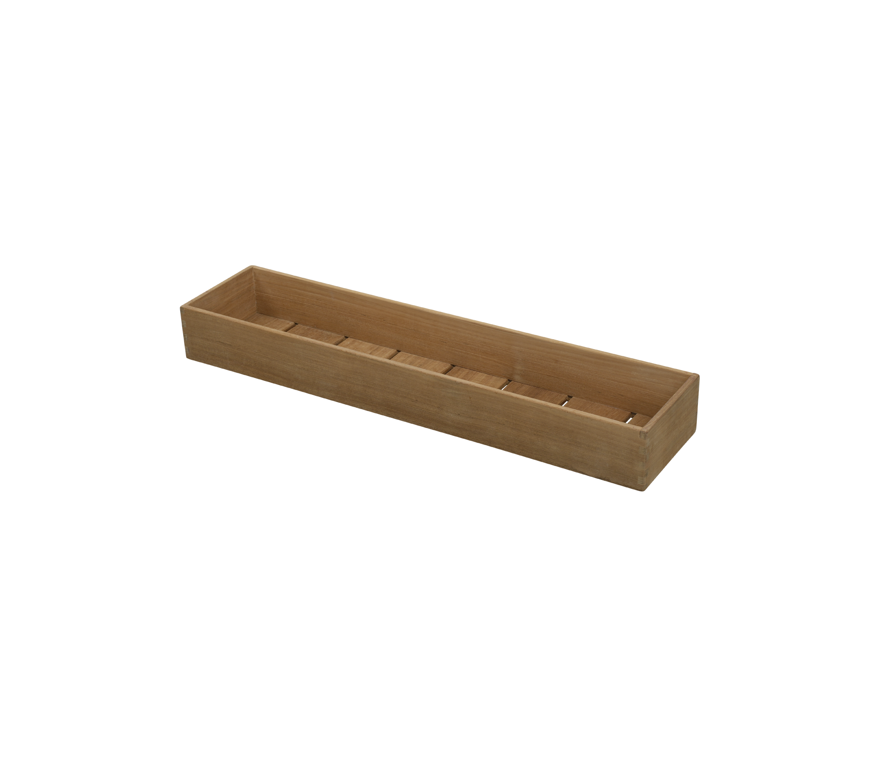 Bandeja de almacenamiento de madera con varios compartimentos para organizar artículos, con un diseño largo y rectangular.