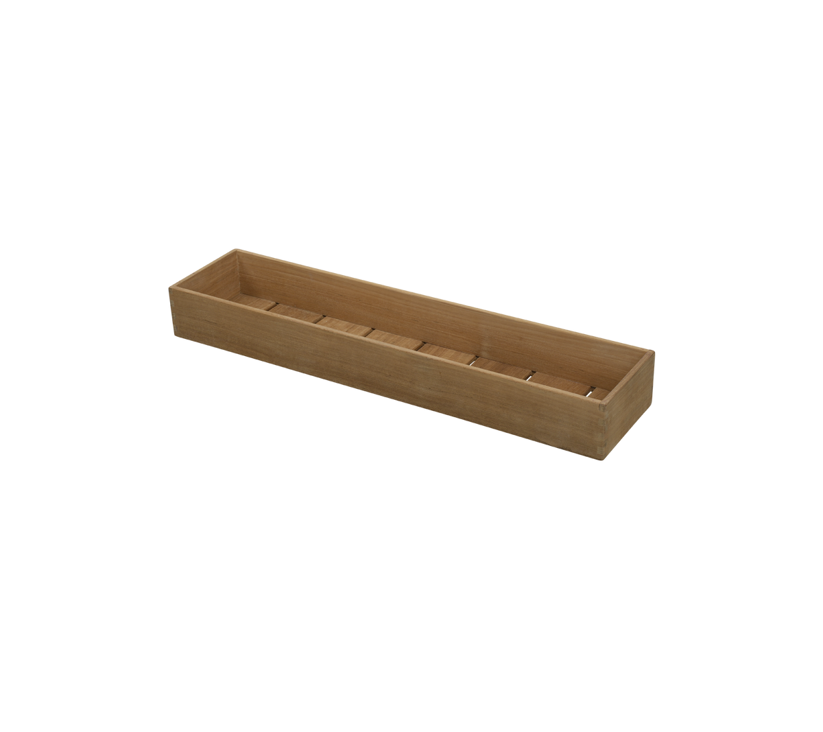 Bandeja de almacenamiento de madera con varios compartimentos para organizar artículos, con un diseño largo y rectangular.