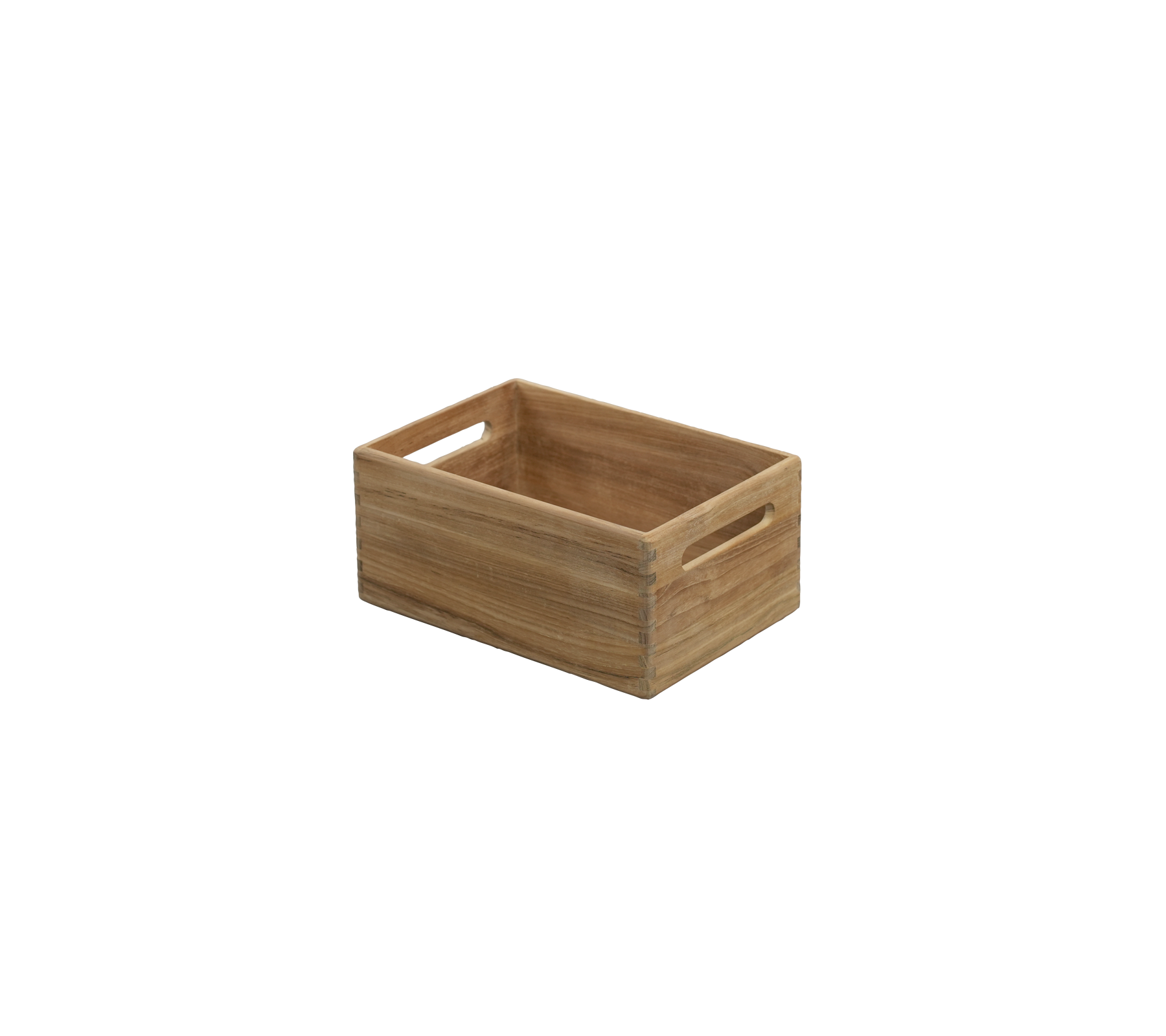 Caja de teca con manijas recortadas.
