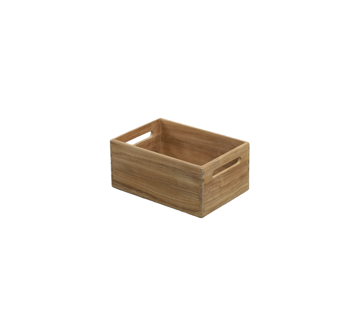 Caja de teca con manijas recortadas.