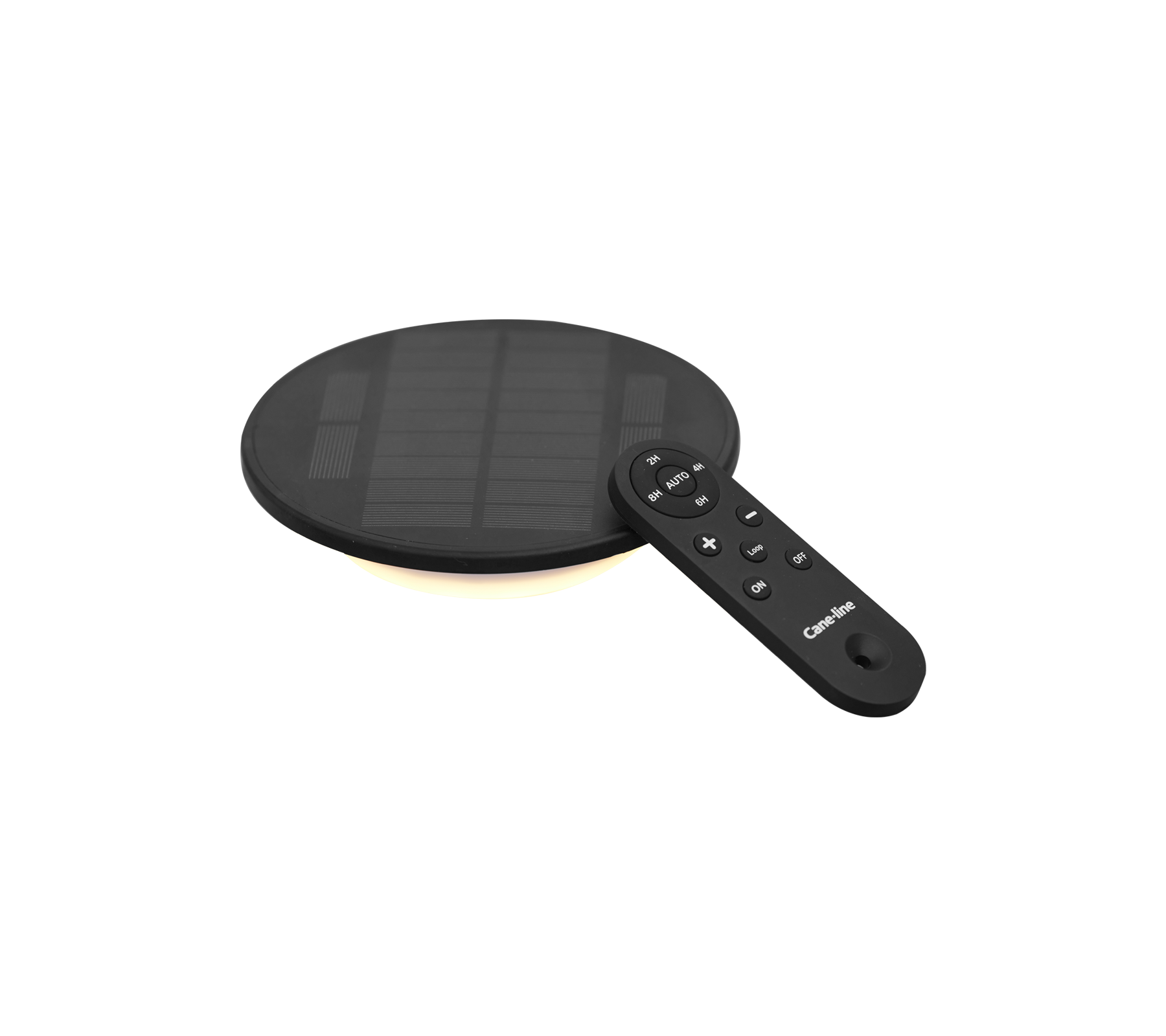 Luz LED solar negra con forma redonda y control remoto para configuraciones ajustables.