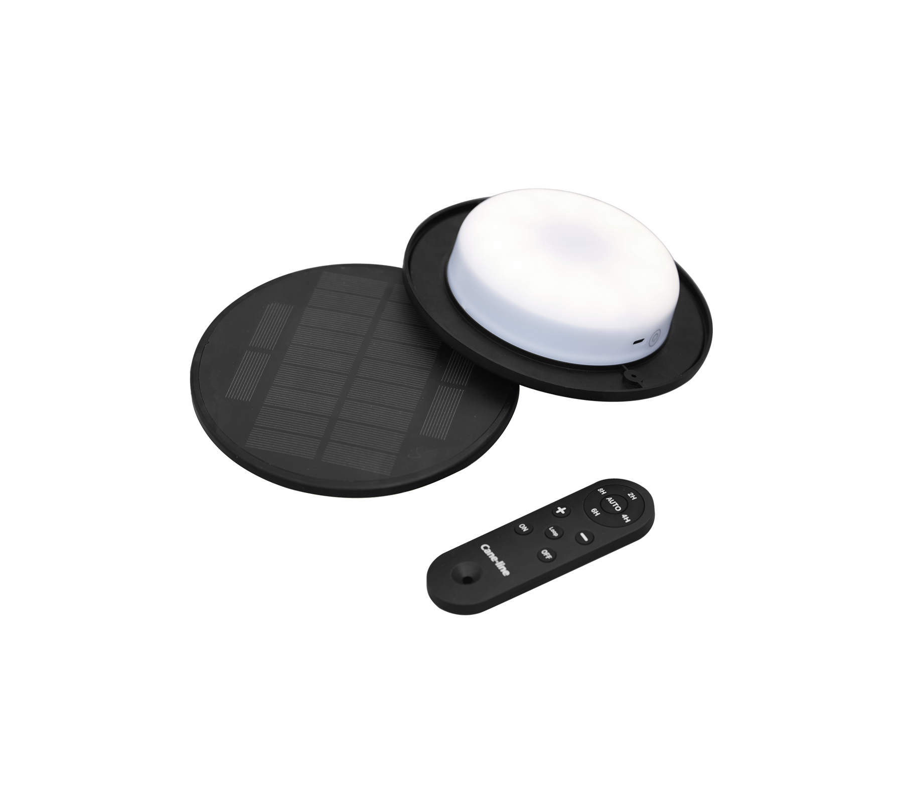 Luz LED alimentada por energía solar con una lámpara blanca redonda, un panel solar negro y un control remoto para su funcionamiento.