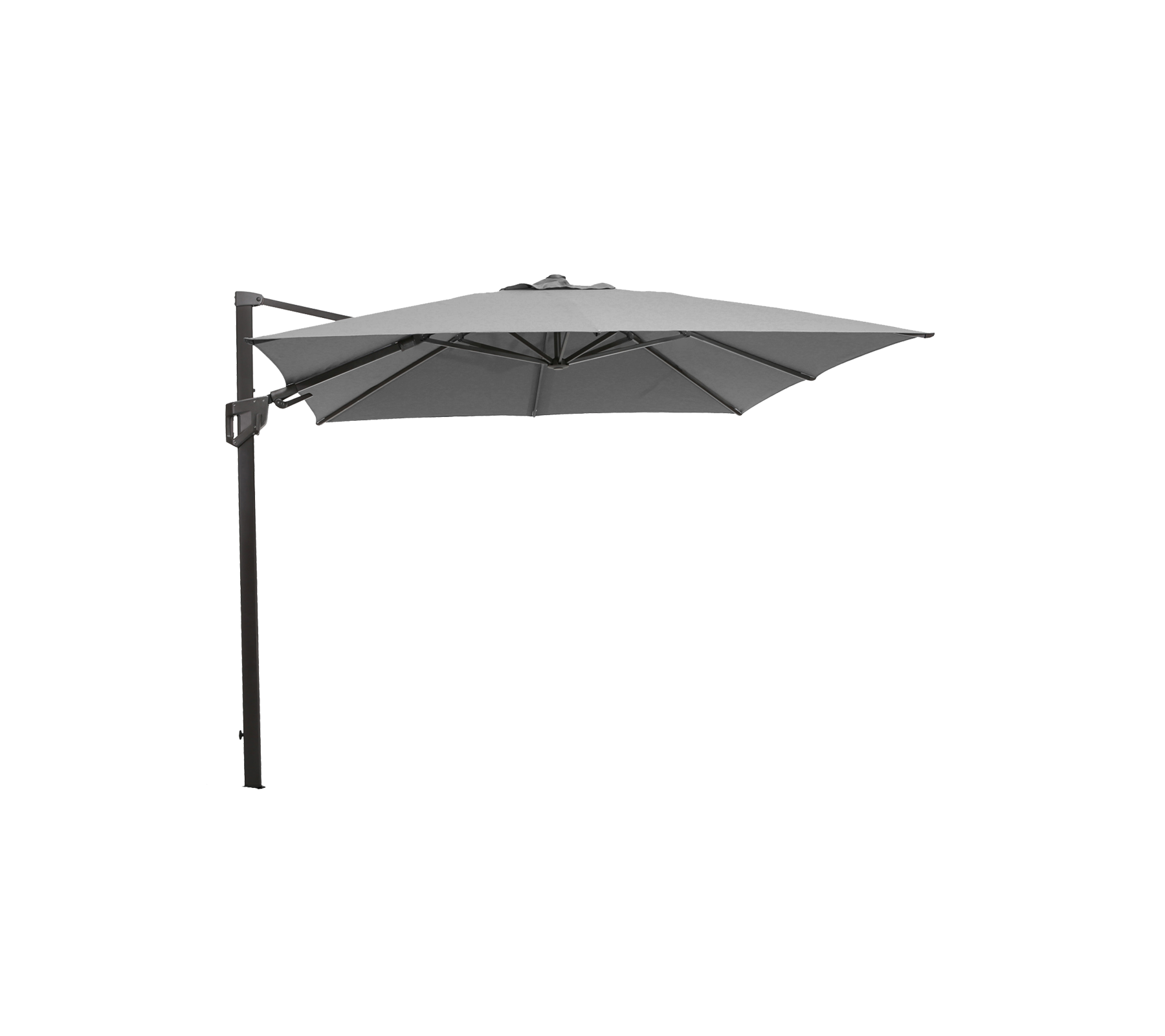 Una sombrilla cantilever moderna con una cubierta gris y un poste negro resistente. Ideal para proporcionar sombra en espacios al aire libre.