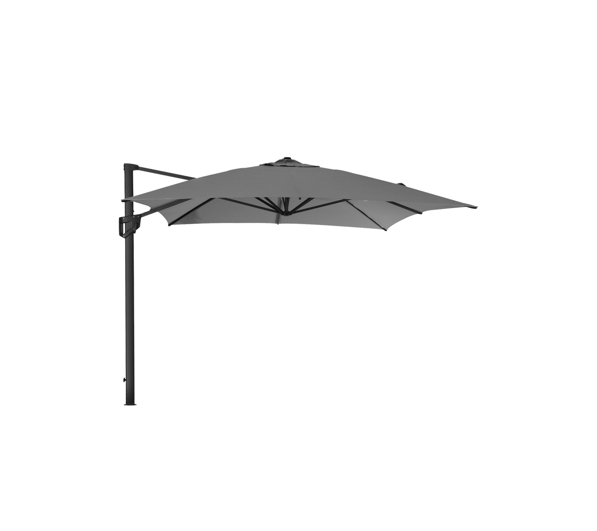 Una sombrilla cantilever con un dosel oscuro, que proporciona sombra y soporte de un poste vertical. Ideal para espacios al aire libre.