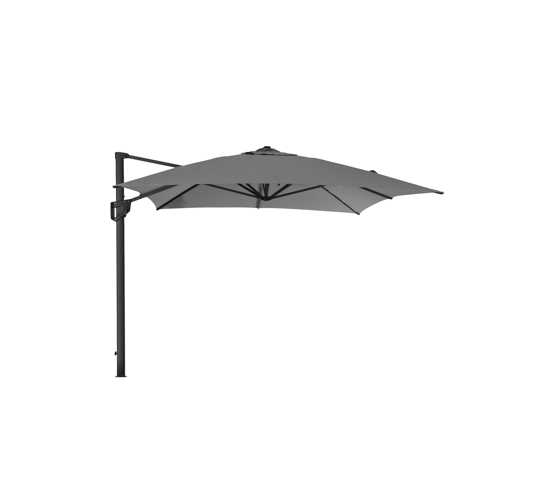 Una sombrilla cantilever con un dosel oscuro, que proporciona sombra y soporte de un poste vertical. Ideal para espacios al aire libre.